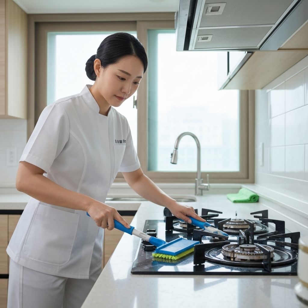 주방 청소 전문가가 가스레인지를 청소하는 모습