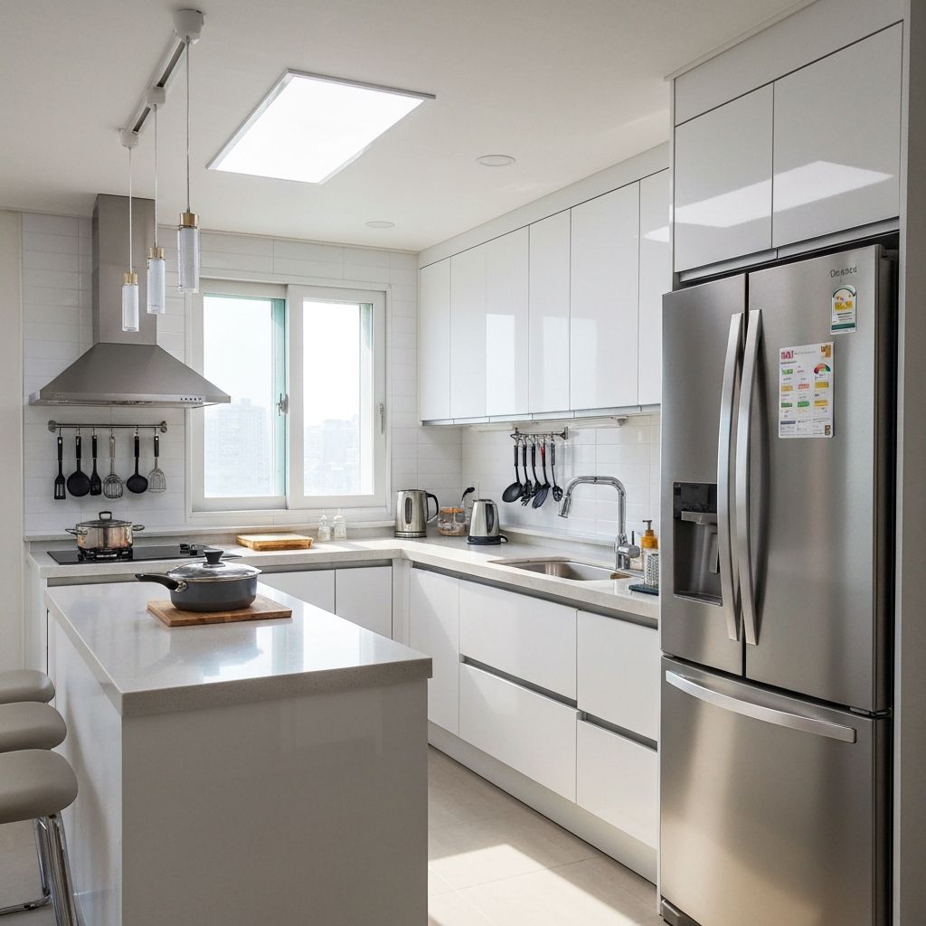 새 아파트 주방이 입주 청소 후 깨끗하게 정돈된 모습