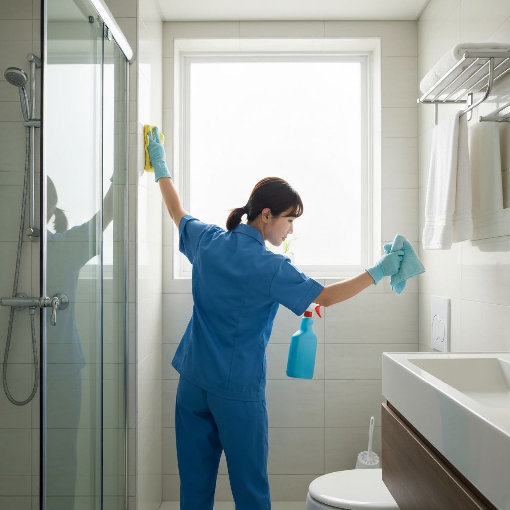 이사 청소 전문가가 아파트 욕실을 깨끗하게 청소하는 모습